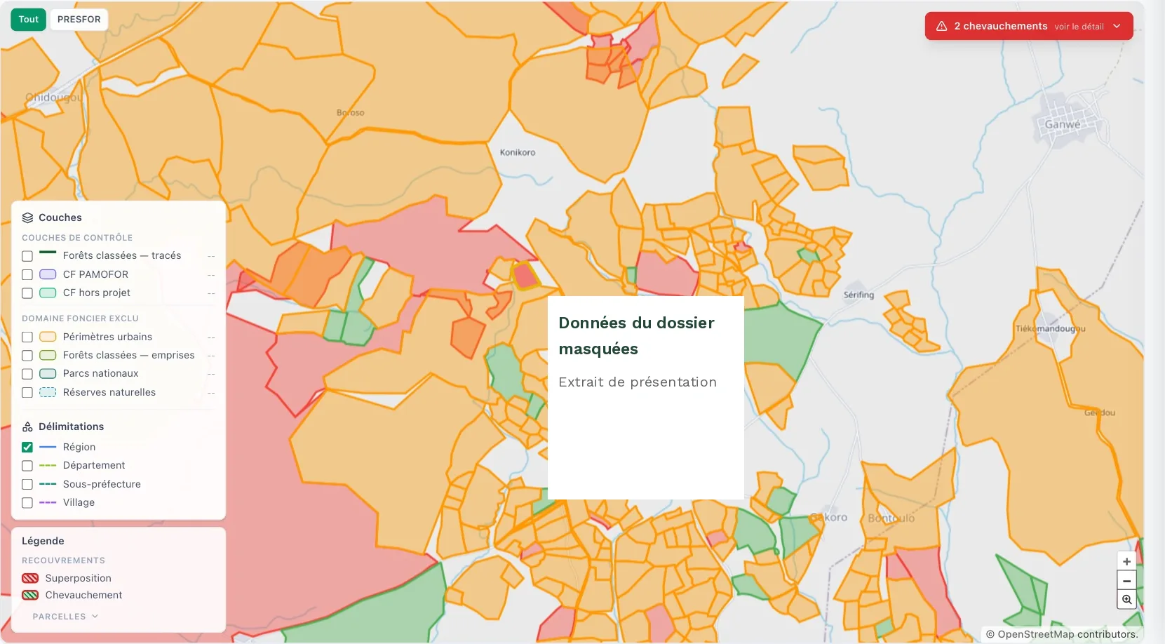 Carte locale SCCARTO : parcelles orange, zones de recouvrement rouges et parcelles vertes, alerte « 2 chevauchements » ; un encadré masque les données du dossier.